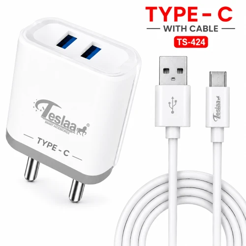 TesLaa TS-424 3.4A Dual USB Fast Charger with Type-C Cable | Fast Charging
